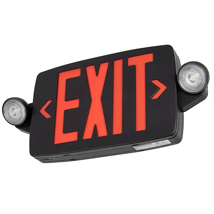 Black LED Exit Sign/Emergency Light Combo w/ Battery Backup - Single or Double Face - Adjustable Light Heads - Red w/ Black Housing